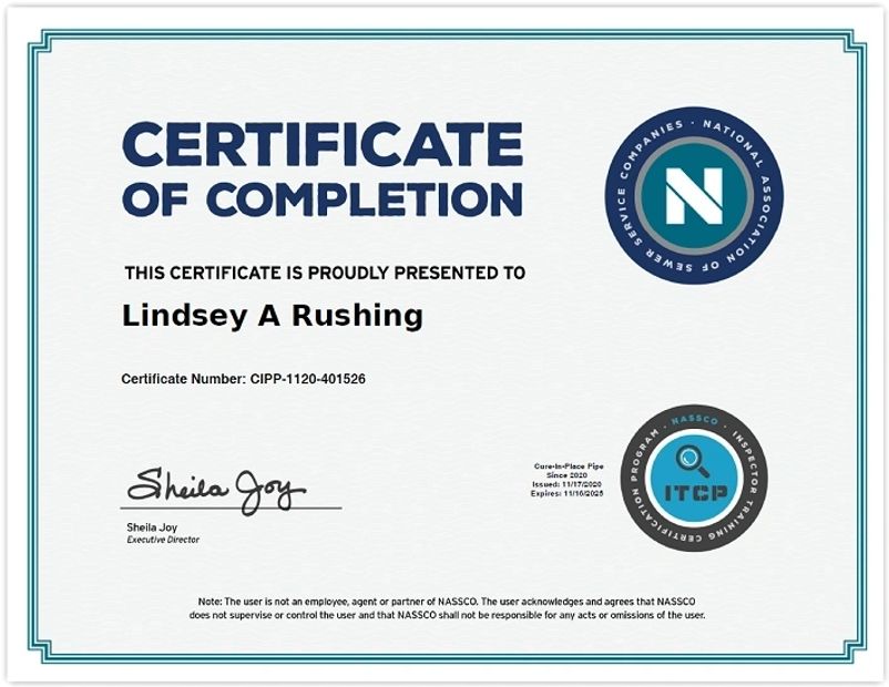 NASSCO Certificate of Completion