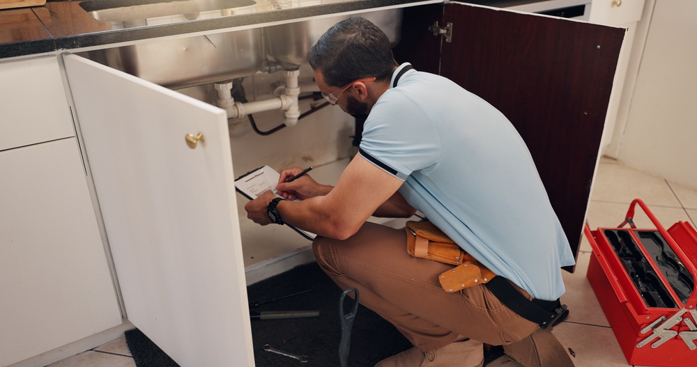 man plumber writing clipboard by kitchen