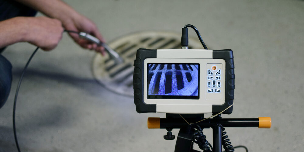 A high-definition sewer camera head resting inside a pipe